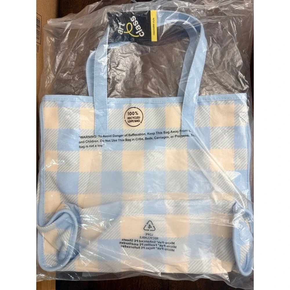 Art Class Vacay Mode Tote Bag Girls One Size Blue Gingham Summer Beach NWT